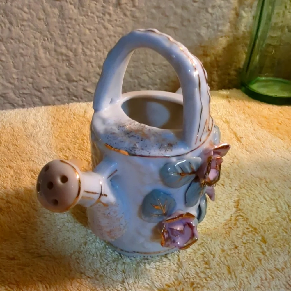 Vintage 1950's 3D Vase Pink Roses Ribbed Watering Can Gold Trim Chase Handpainte